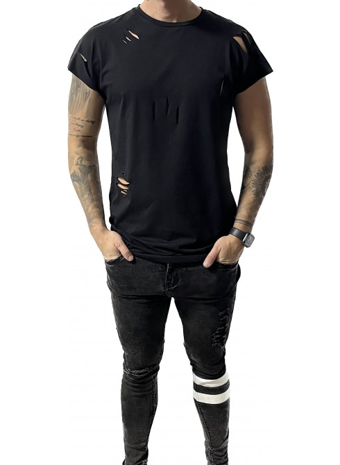 Ripped T-shirt with short sleeves BLACK